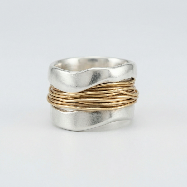 Anillo Plateado con Hilos Dorados